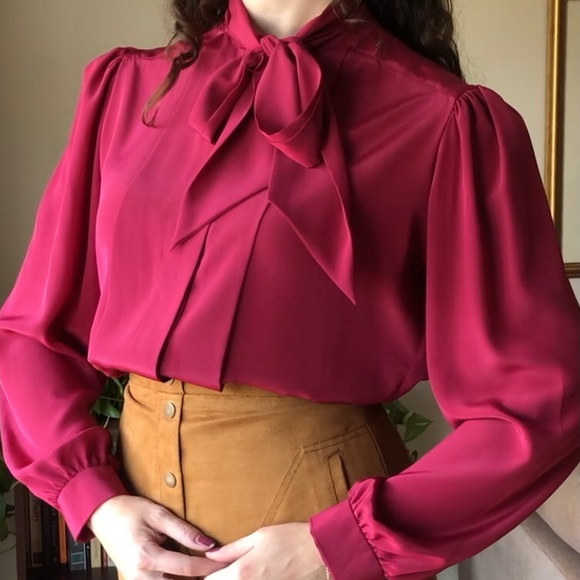 Tops - 80s vintage red bow tie blouse